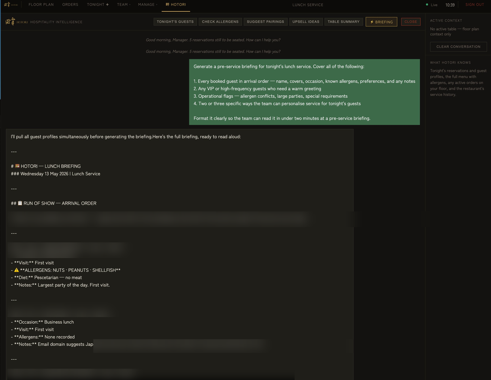 Hanna AI pre-service briefing — auto-generated guest-by-guest digest with allergens, occasion and visit history